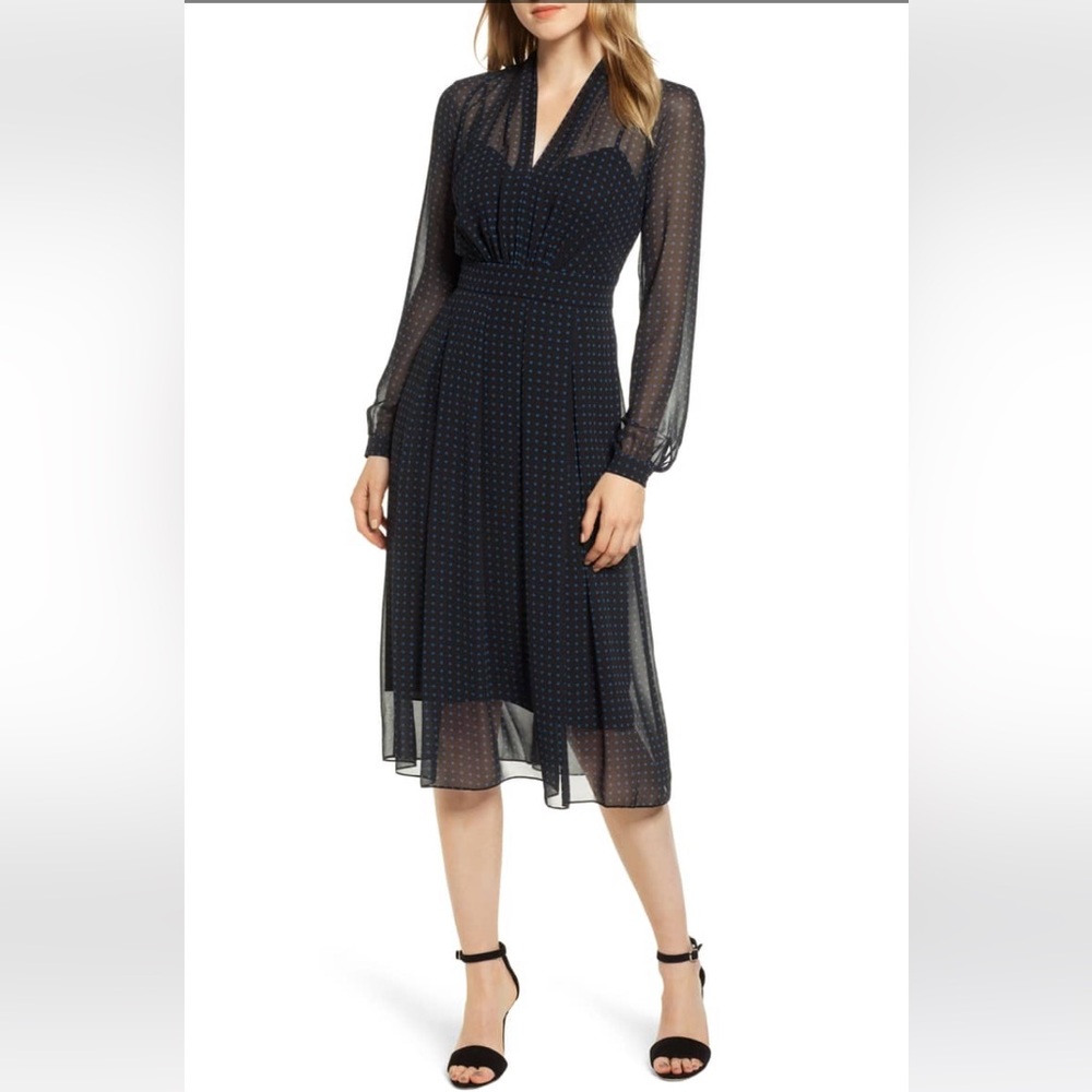 ANNE KLEIN Polka Dot Printed Chiffon Black Dress 6 New